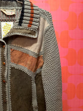 Load image into Gallery viewer, 70s patchwork suede knit metal button snap sweater