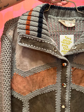 Load image into Gallery viewer, 70s patchwork suede knit metal button snap sweater