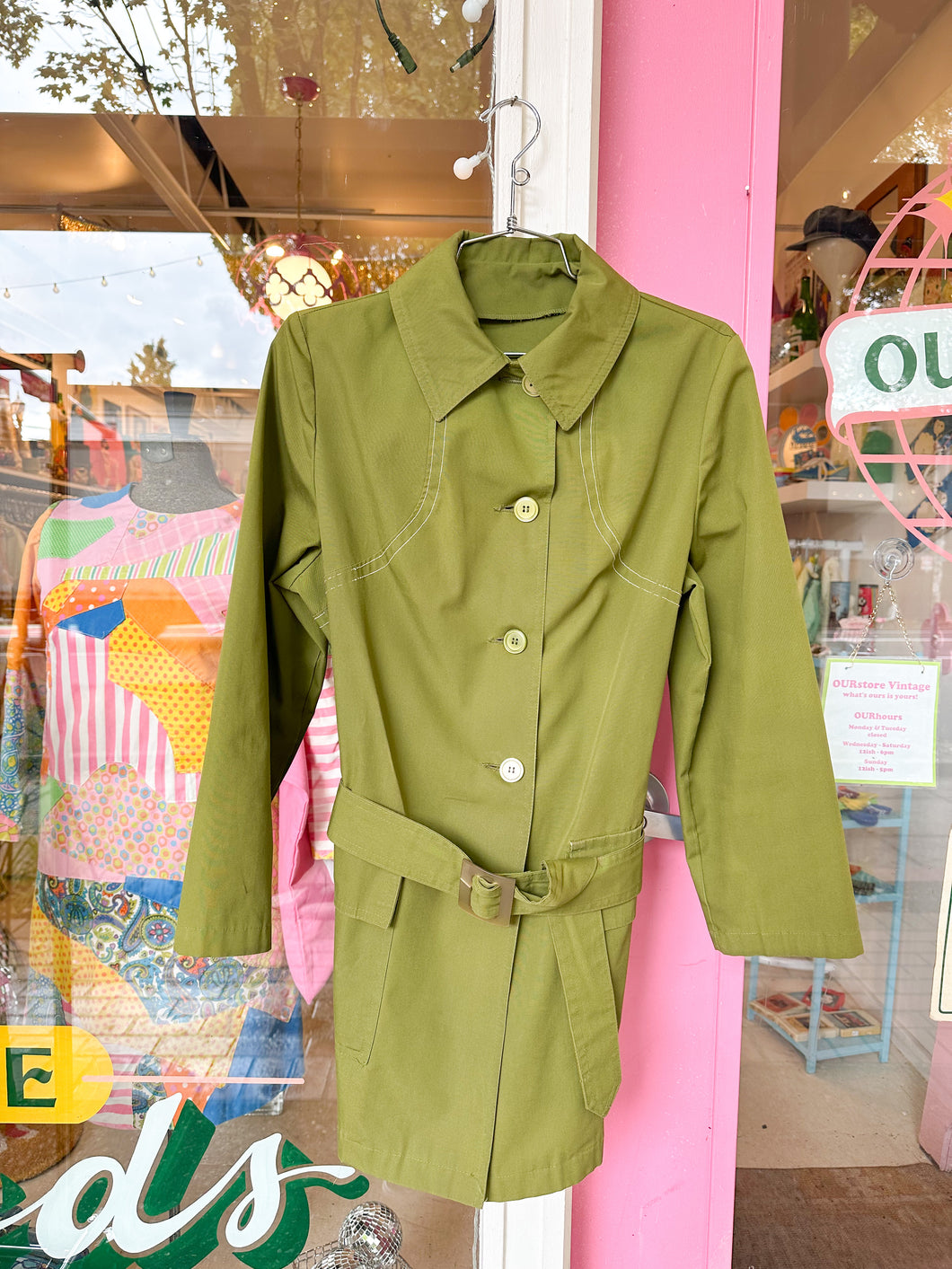 Avocado green belted midi trench