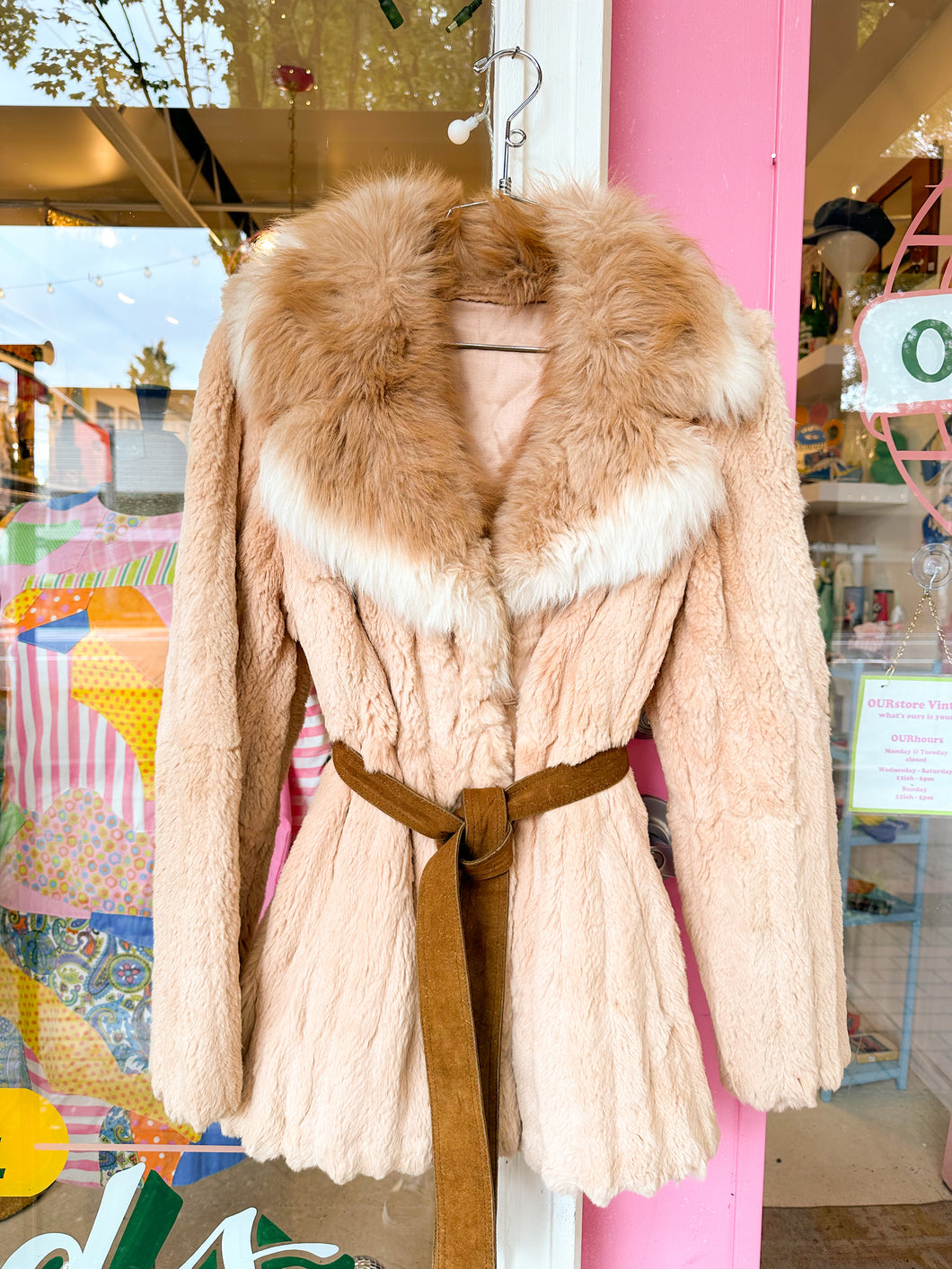 70s suede belted fur coat