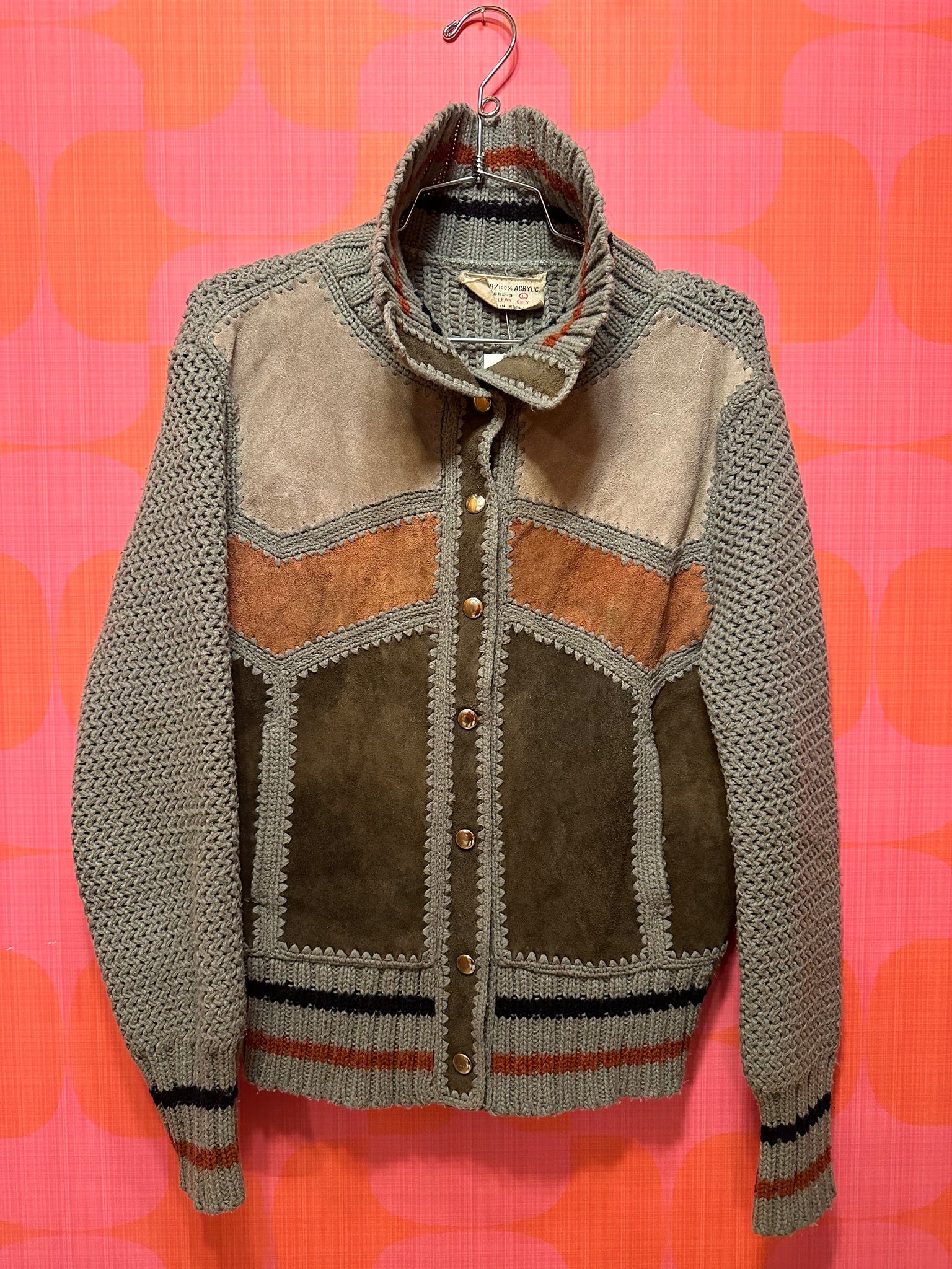 70s patchwork suede knit metal button snap sweater 70s patchwork suede knit metal button snap sweater