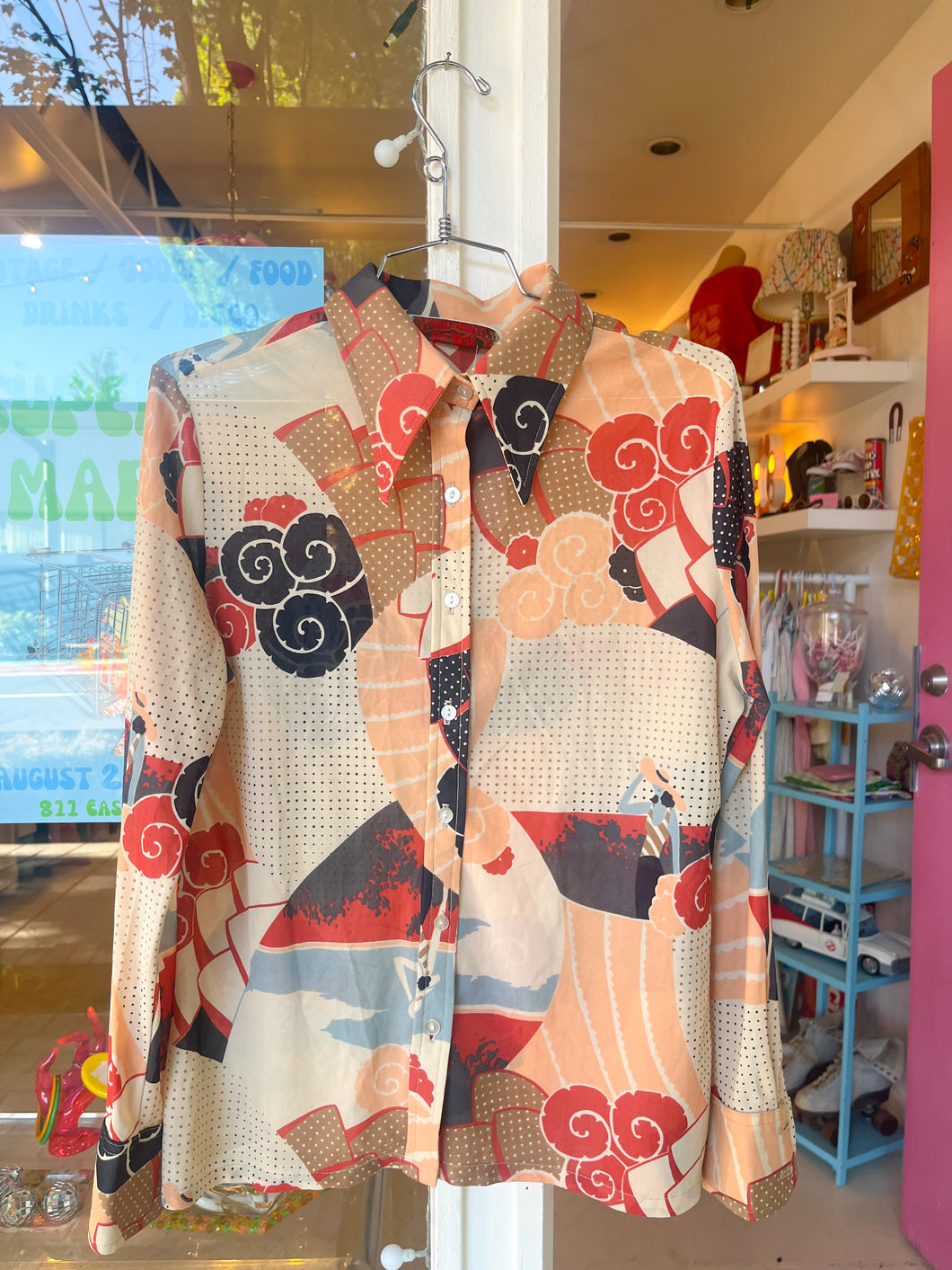 70s polyester gal on vaca button up
