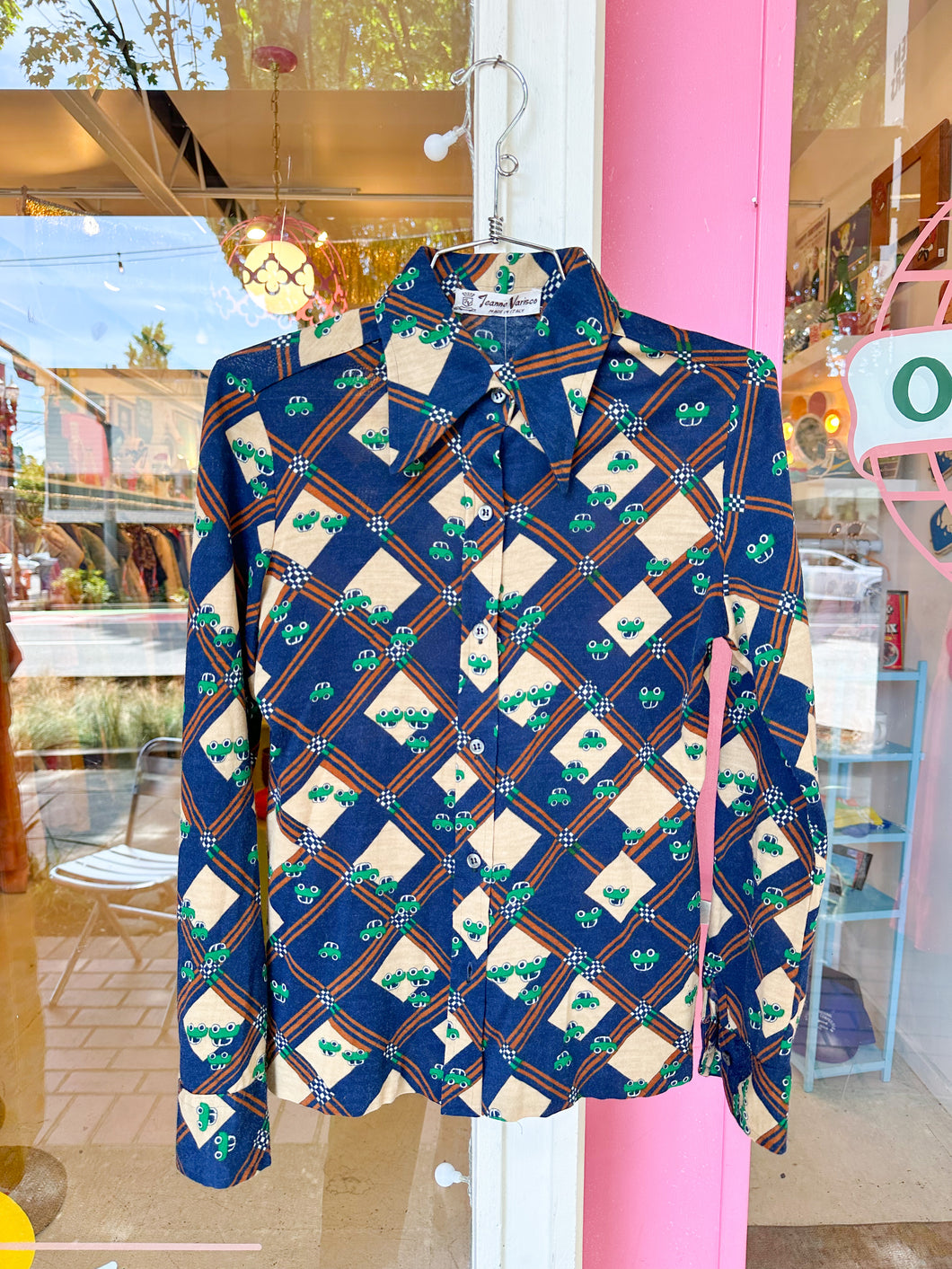 70s tiny car all over print button down