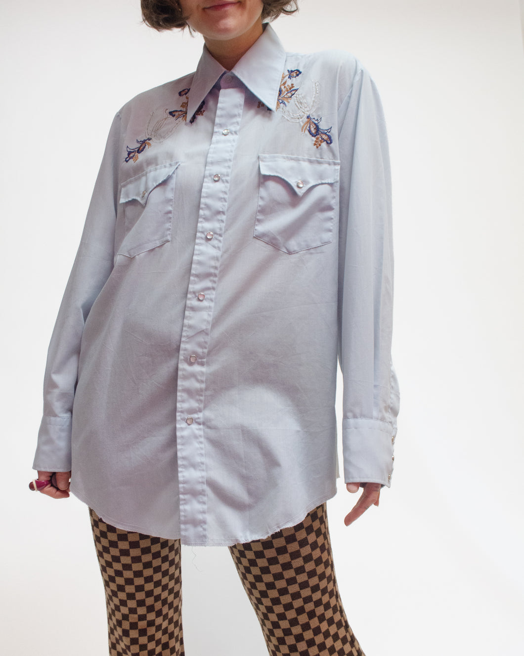 Baby blue western embroidered button up