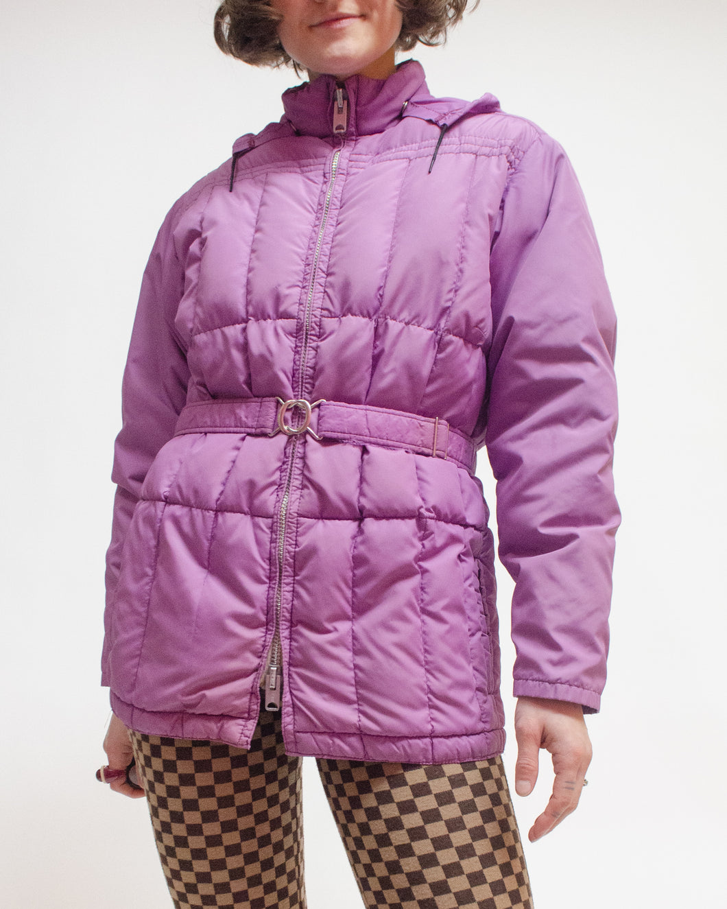 Lavender puffer coat with belt