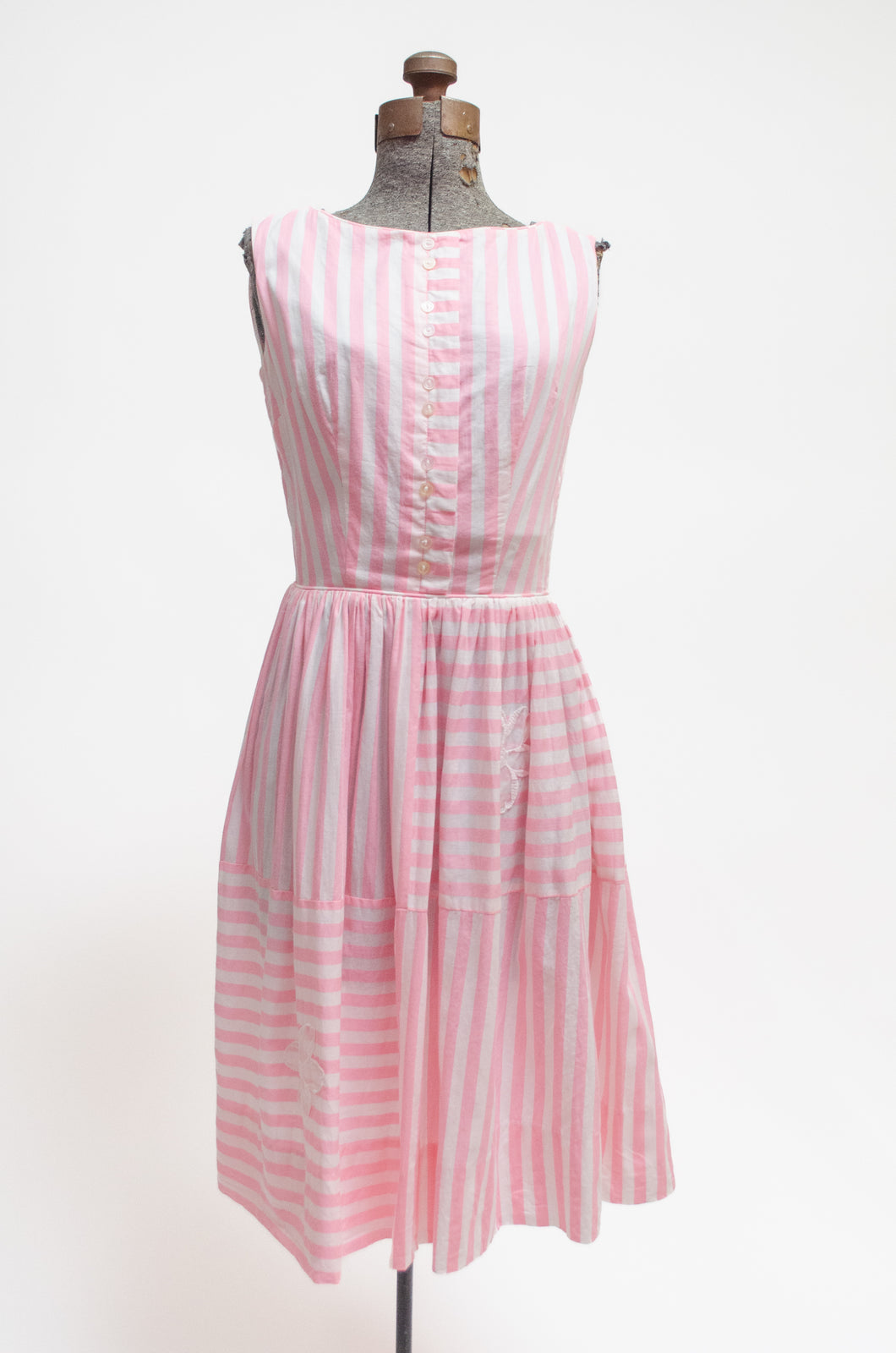 50s pink stripe day dress with flower appliqué