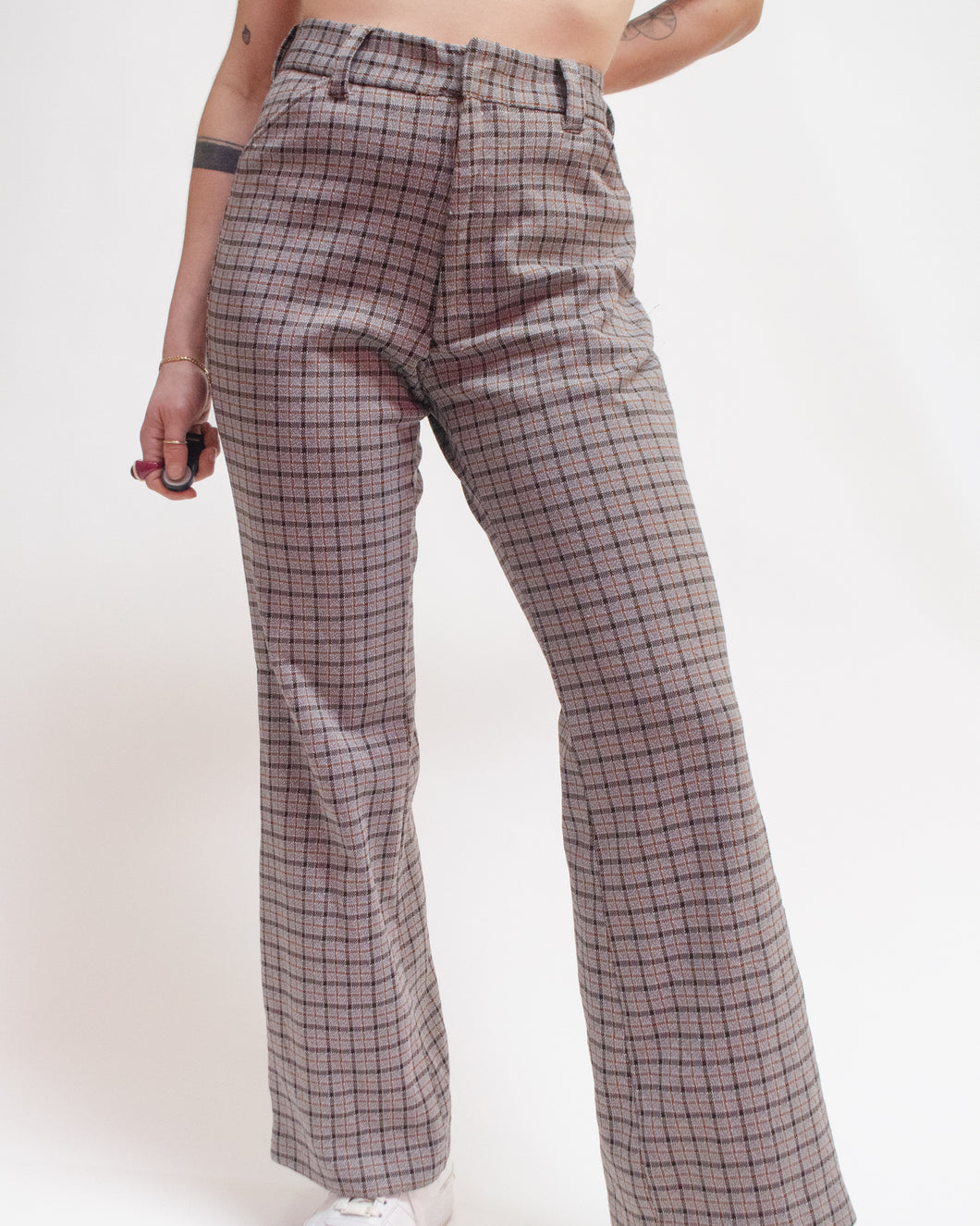 Plaid poly flare trousers